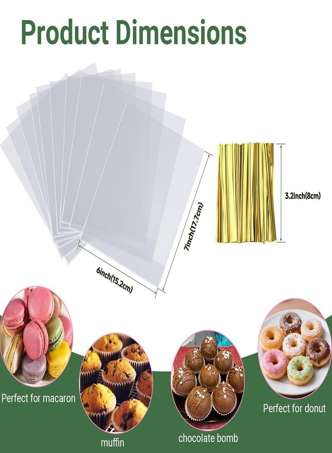 SLShePack 200 Pack 6"x7"x2.4" Cellophane Muffin Bags with Gold Twist Ties Pro Grade Flat Bottom Design for Macarons Cupcakes Chocolate Treats Cookies Strawberries Reusable Resealable Bakery Packaging - Image 4